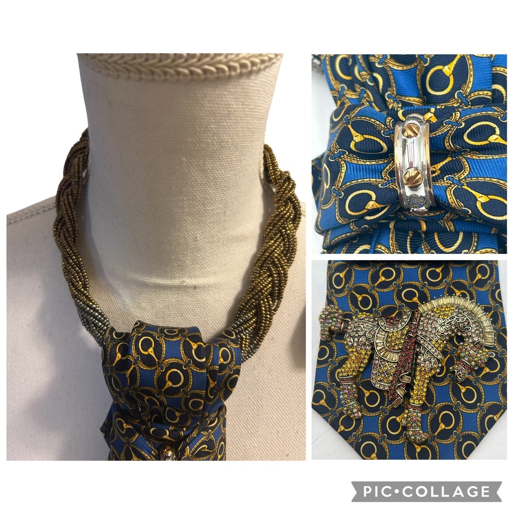 Club Room Silk Tie Horse Necklace Western Equestrian Blue Gold Crystal Brooch - Picture 4 of 12